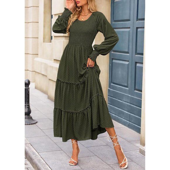 Elegant Women's Smocked Maxi Dress - Long Sleeve Swiss Dot Wedding Guest Attire - Picture 4 of 8